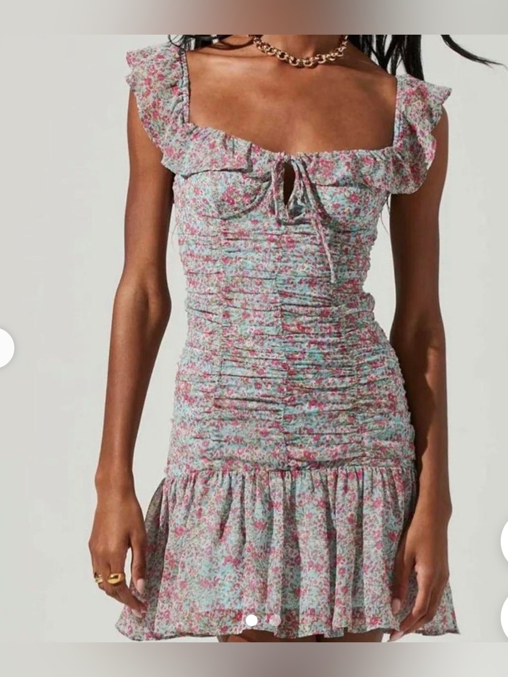 ASTR The Label Blue Pink Floral Ruched Mini Dress Size M Cottagecore Romance - Picture 3 of 11